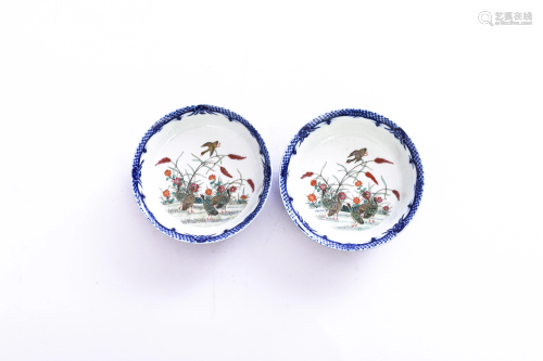 Pairs of Blue and White Famille Rose Kingfisher Bowl