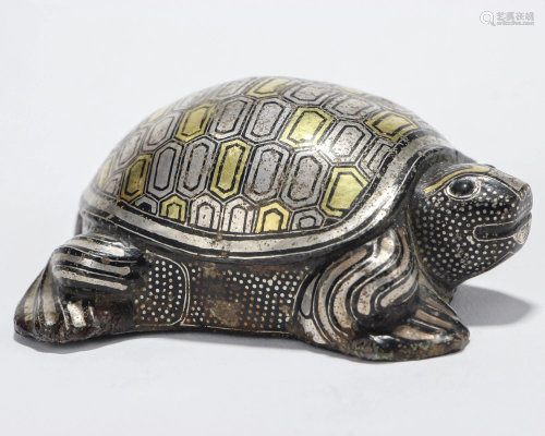 Bronze Tortoise Ornament with Gold and Silver