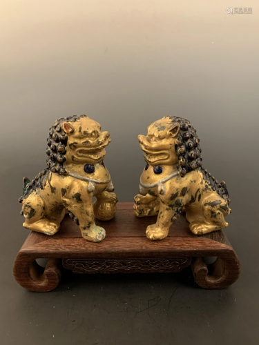 Chinese Pair Gilt Bronze Fu Dog