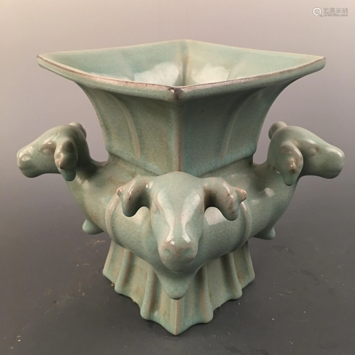 Chinese Celadon Glazed Square Four Sheep Statue