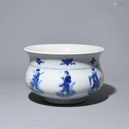 A BLUE AND WHITE INCENSE BURNER PAINTED WITH CHARACTERS IN K...