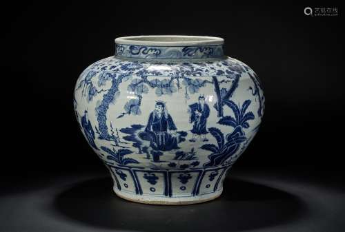 YUAN DYNASTY BLUE AND WHITE FIGURE POT