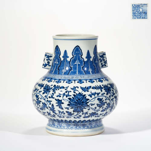 QING DYNASTY BLUE AND WHITE TWIGS WITH TWO EARS ZUN