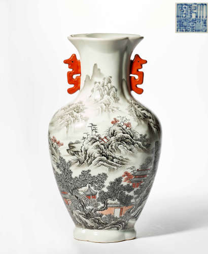 QING DYNASTY INK COLOR LANDSCAPE VASE WITH TWO EARS