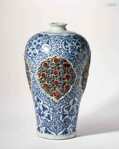YUAN DYNASTY BLUE AND WHITE PINCHED PLUM VASE