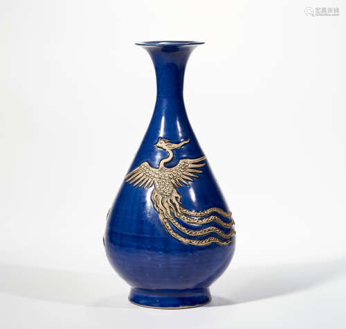 YUAN DYNASTY SPRING BOTTLE WITH BLUE GLAZE AND PHOENIX PATTE...
