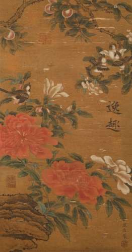 Ming Dynasty flowers and birds Silk scroll by Lu Zhi