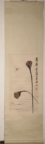 Qi Baishi dragonfly and lotus root scroll