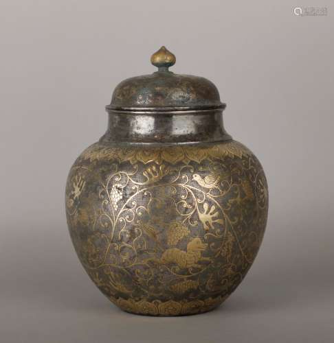 Tang Dynasty silver gilt lid pot with animal pattern
