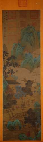 Tang Dynasty silk scroll of landscape by Li Sixun