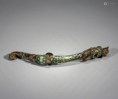 A Chinese Gilt-Bronze Turquoise-Inlaid Belt Hook ,