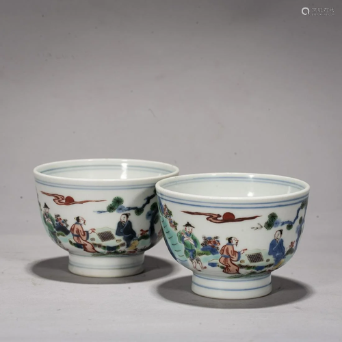 A Pair of Chinese Wucai 'Figures' Bowls, Marks And