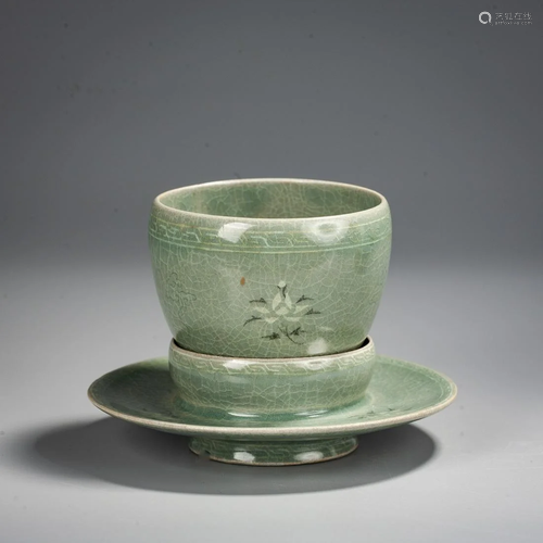 A Chinese Longquan Pale-Celadon-Glazed Cup And Holder ,