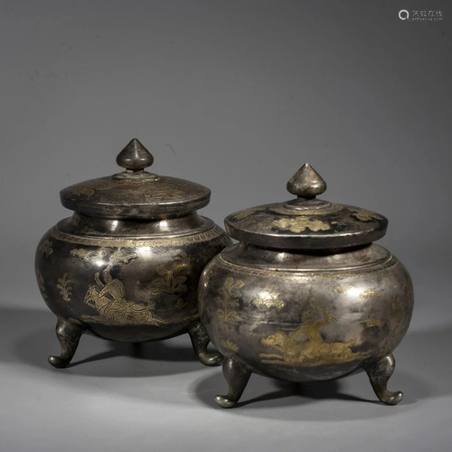 A Pair of Chinese Gilt-Silver Censers ,Tang Dynasty