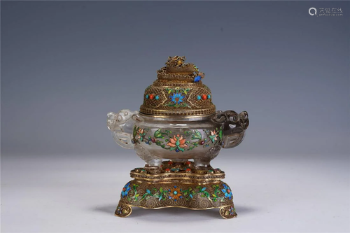 A Chinese Silver-gilt Gems-Inlaid Crystal Censer ,Qing