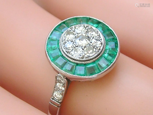 ART DECO .48ctw DIAMOND .65ctw EMERALD HALO PLATINUM