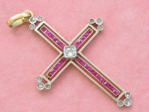 ART DECO .17ctw DIAMOND .5ctw RUBY HOLY TRINITY 2 TONE