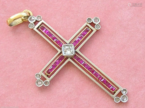 ART DECO .17ctw DIAMOND .5ctw RUBY HOLY TRINITY 2 TONE