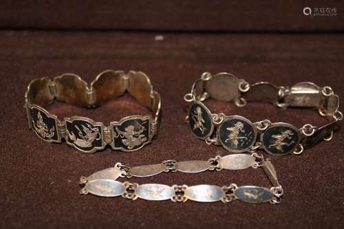 Four vintage 925 silver Siamese bracelets