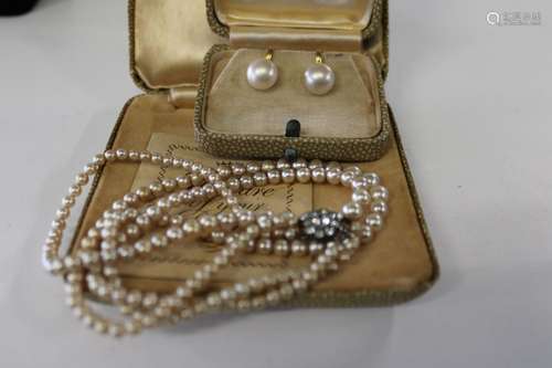 A vintage two string pearl necklace & pair of 9ct gold & pea...