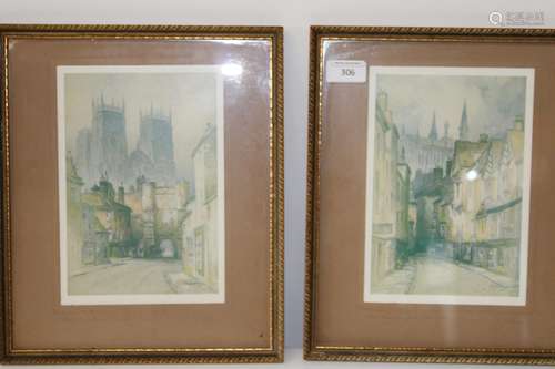 A pair of F Robson signed prints of York 33cm x 27cm