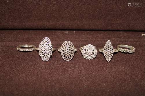 Six vintage silver & marcasite rings