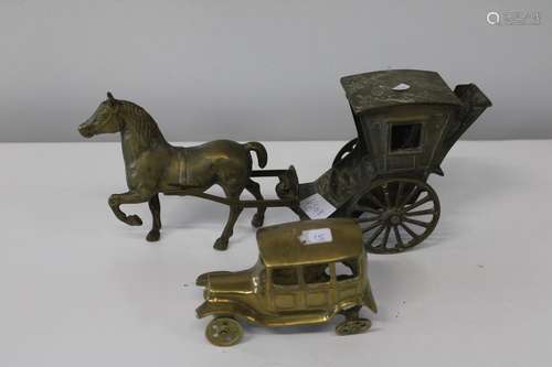 A large brass horse & carriage & car