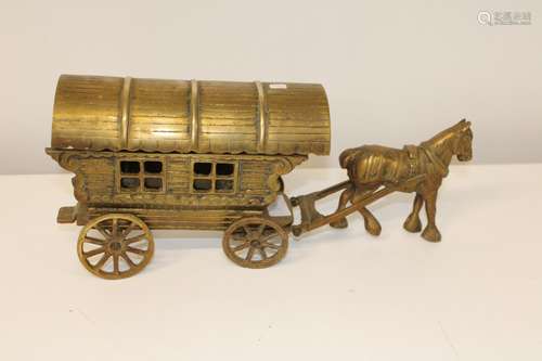 A large very heavy brass Gypsy caravan & horse 38x19cm