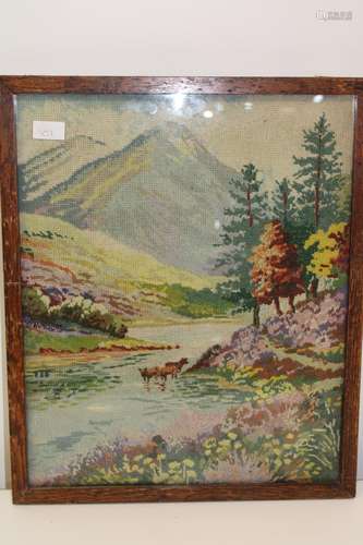 A vintage wool work framed landscape picture 56x45cm