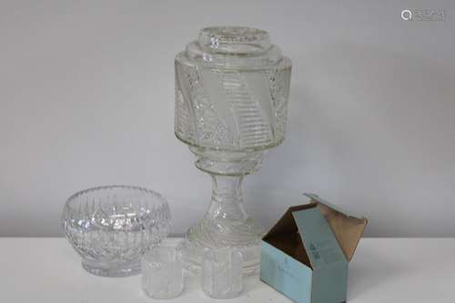 A Hurricane style glass lamp & other glass items (lamp has c...