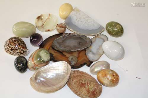 A box of geodes, shells, fossils & polished stones