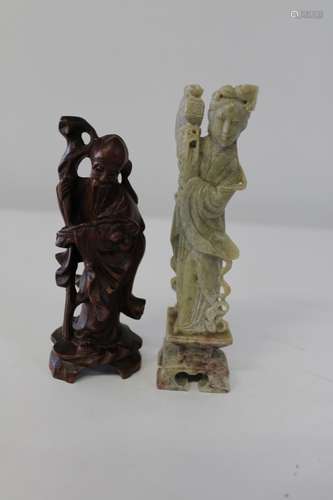 A Chinese soapstone figure & one wooden figure 15cm & 14cm