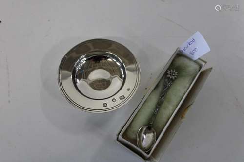 A hallmarked silver dish & Continental silver spoon