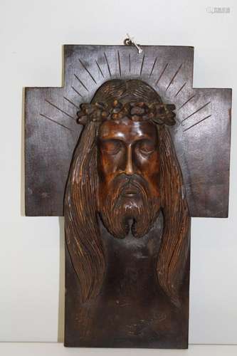 A hand carved & signed wooden Religious sculpture 38x26cm