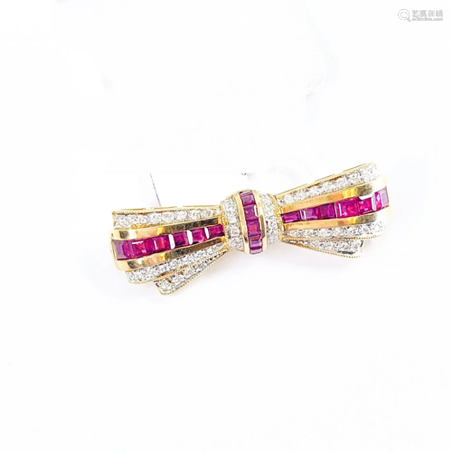 Ruby and Diamond Gold Bow Brooch