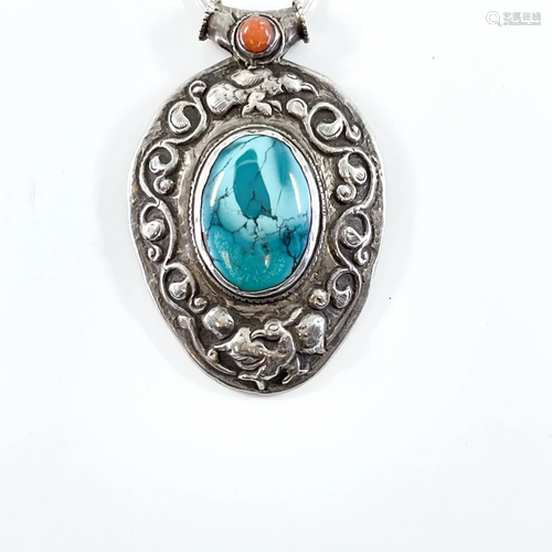 Tibetian antique silver, turquiose, and agate pendant