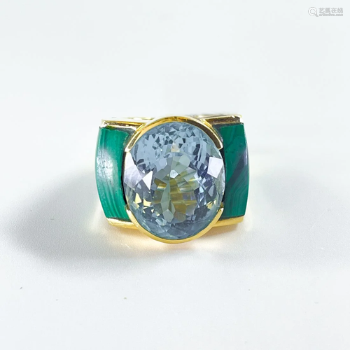 Linda Josline Aquamarine Ring with Malachite and Gold