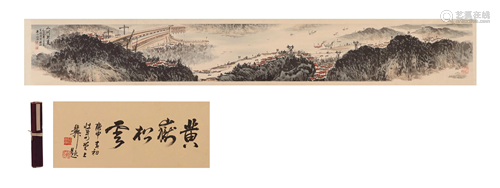 A CHINESE SCROLL PAINTING OF LANDSCAPE AND FIGURES