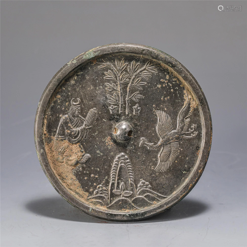 A CHINESE LANDSCAPE-AND-FIGURE BRONZE MIRROR