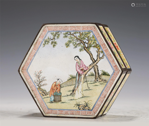 A CHINESE PAINTED ENAMEL HEXAGONAL BOX AND COVER