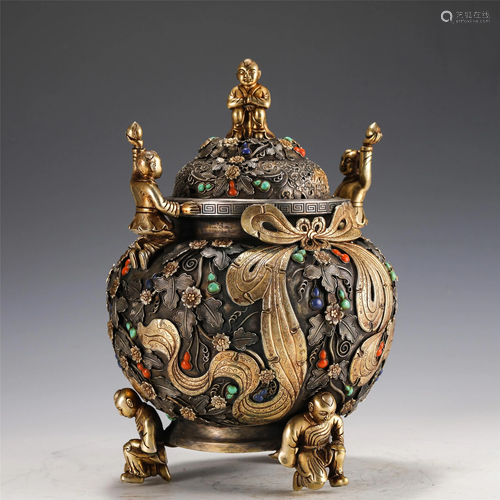 A CHINESE HARD-STONES INLAID SILVER GILT CENSER