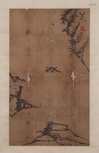 A CHINESE PAINTING OF BIRDS AND ROCKS