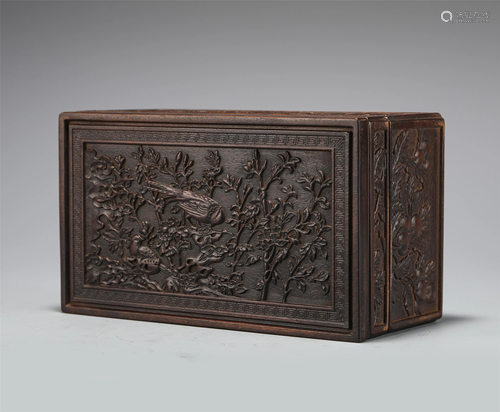 A CARVED ROSEWOOD FLOWER-AND-BIRD BOX AND COVER