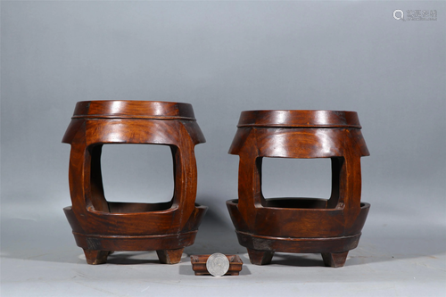 PAIR OF CHINESE DRUM SHAPED HUANGHUALI STOOLS