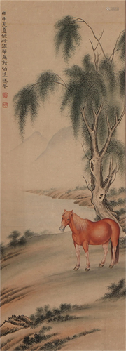 A CHINESE PAINTING OF HORSE AND WILLOW TREE