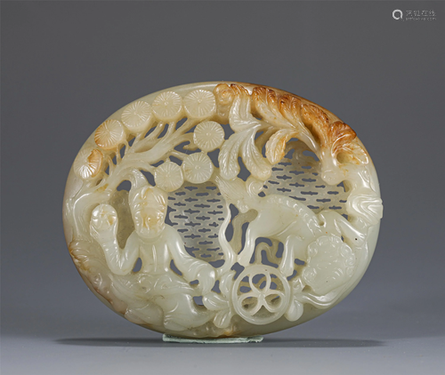 A CHINESE RETICULATED JADE FIGURAL PANEL