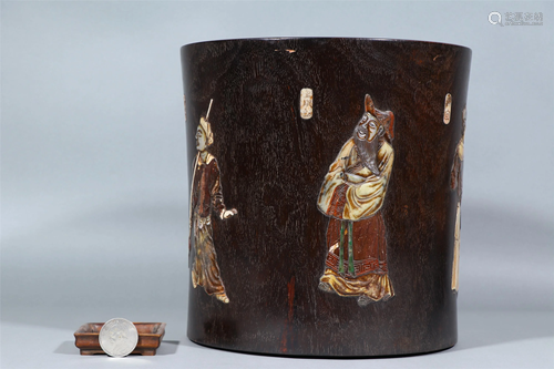 A CHINESE HARD-STONES INLAID ZITAN WOOD BRUSH-POT