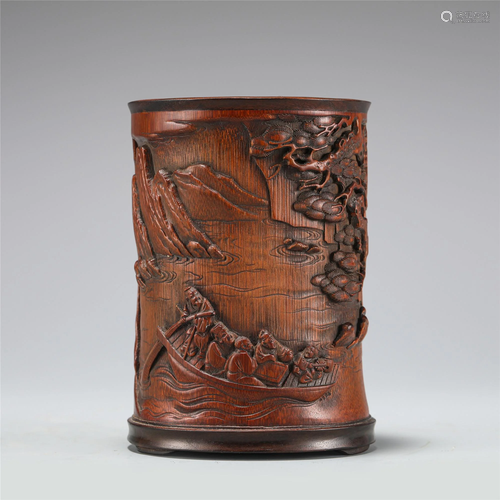 A CARVED BAMBOO LANDSCAPE-AND-FIGURES BRUSH-POT