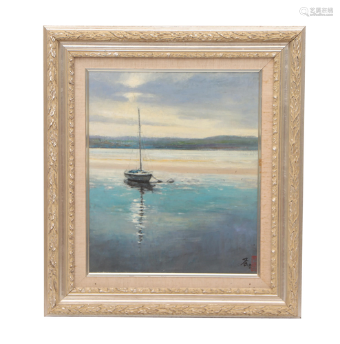 A FRAMED CHINESE PAINTING OF BOAT ON THE SEASIDE