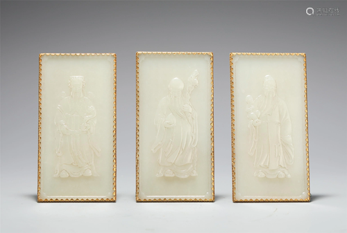 THREE CARVED WHITE JADE IMMORTALS PLAQUES